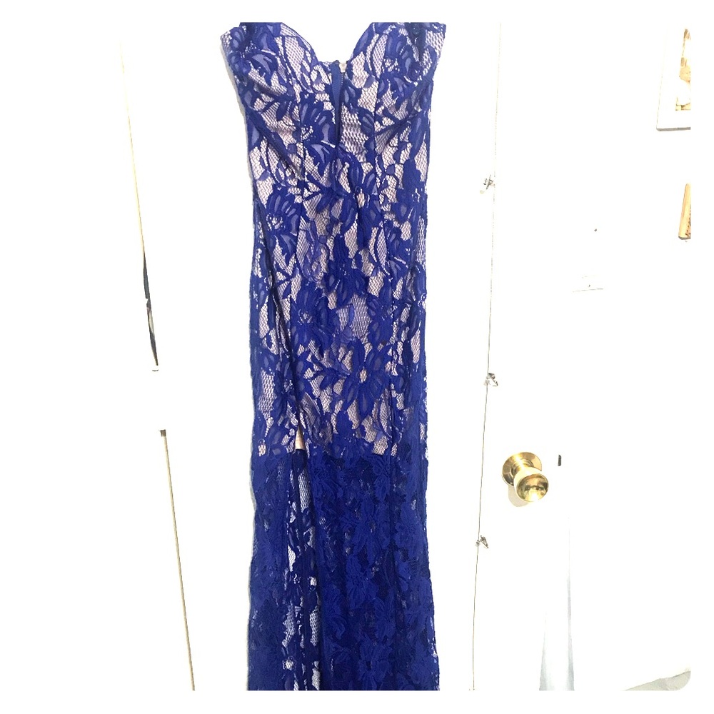 Royal blue lace sweep train dress